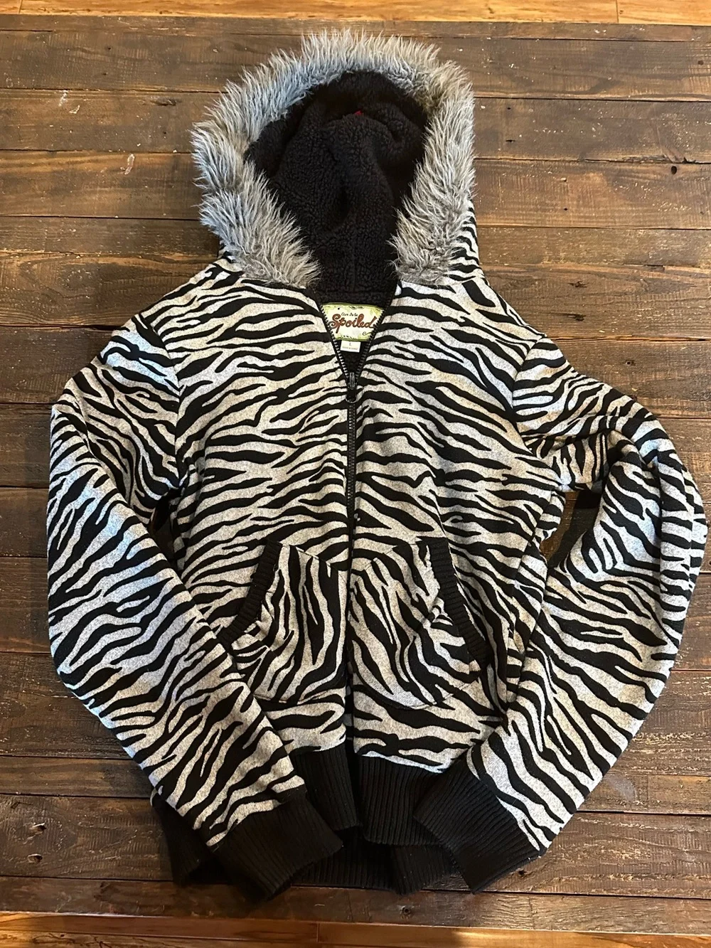 Spotted Zebra-Print Fur Trim Zip Jacket - Unbranded - Picture 2 of 5